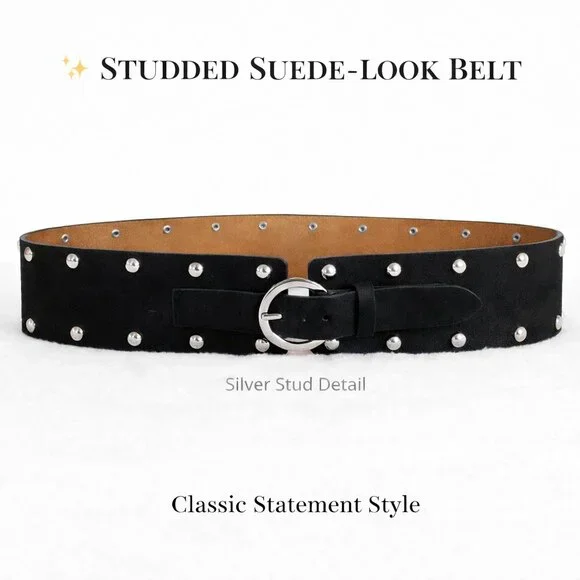 Black Studded Suede-Look Belt Silver Studs Round Buckle Statement Fashion Belt - Picture 1 of 8
